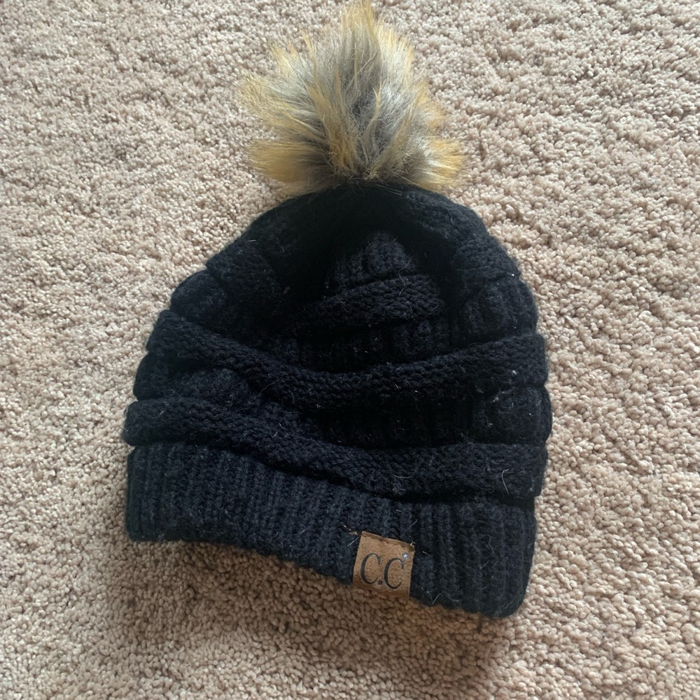 C.C Thick Cable Knit Faux Fur Fuzzy Fur Pom Beanie